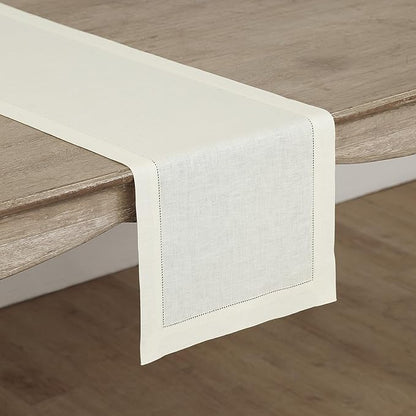 Solino Home Linen Ivory Table Runner 36 Inches - Classic Hemstitch, 100% Pure Linen Coffee Table Runner 14 x 36 Inch Ideal for Dresser Tables - Fall, Autumn, Halloween, Thanksgiving