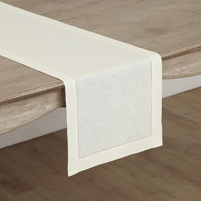 Solino Home Linen Ivory Table Runner 48 Inches - Classic Hemstitch, 100% Pure Linen Coffee Table Runner 14 x 48 Inch Ideal for Dresser Tables - Fall, Autumn, Halloween, Thanksgiving