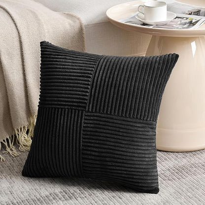 Fancy Homi 2 Packs Black Euro Decorative Throw Pillow Covers 26x26 Inch for Couch Bed Sofa, Rustic Farmhouse Boho Home Decor, Soft Corss Corduroy Patchwork Textured Square Cushion Case 66x66 cm