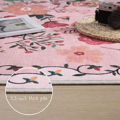Round Rug 6ft Washable Circle Rug Non Slip Low Pile Boho Floral Small Circular Rug for Bedroom, Bathroom, Entryway, Kids Room, Office, College Dorm(Pink)