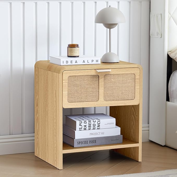 LEVNARY Nightstand with Charging Station, Mid-Century Modern Bedside Table with Curved Top Corners and Fabric-Like Textured Drawer, Wooden End Table for Farmhouse Bedroom Living Room (1, Natural)