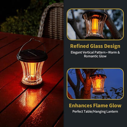 Glass Solar Lantern Outdoor Lights Waterproof, Flickering Flame Solar Lights with Modular Design, Auto On/Off Decorative Hanging Lanterns for Patio Garden Pathway Camping Deck Yard (2 Pack)
