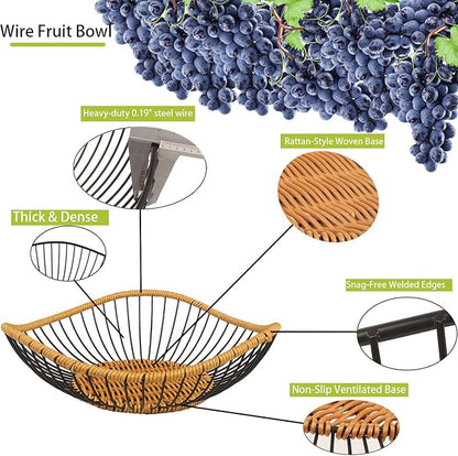 Vine Woven Iron Fruit Bowl, Metal Wire Fruit Basket, Vegetable Drain Basket, Storage Baskets for kitchen counter, countertop,Snacks, Candy, Bread,Cosmetics,Table decorative(13.8 x 4 Inches)