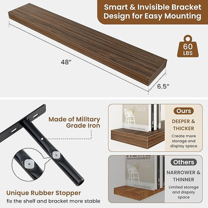 fuqing Floating Shelves for Wall, Bathroom Shelf Wall Mounted for Storage, Shelves with Invisible Bracket for Bedroom, Kitchen, Living Room, Farmhouse Small Book Shelf, 48 Inch Set of 2, Walnut