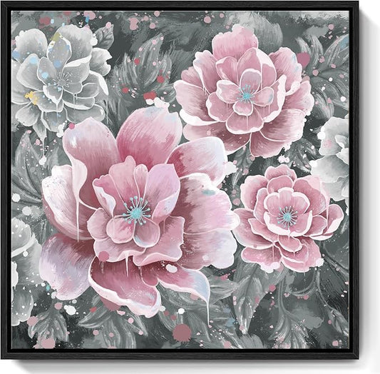 Pink Wall Art Bathroom Décor Modern Framed Floral Wall Picture Black and White Artwork Peony Flower Canvas Print for Bedroom Office Dining Room Décor Small
