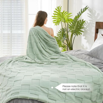 Cozy Bliss Checkered Faux Rabbit Fur Sage Green Throw Blanket, Soft Fuzzy Fluffy Minky Furry Blankets for Couch, Bed (50 * 60 Inches Light Green)
