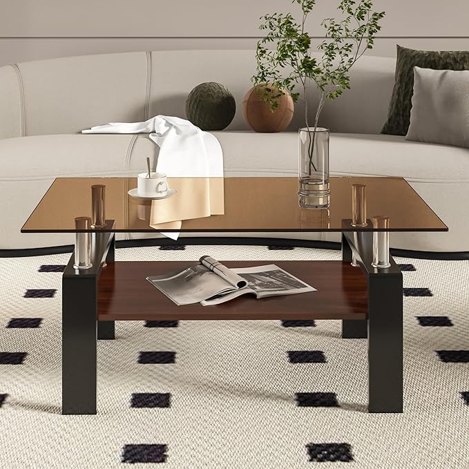39" Brown Glass Coffee Table Walnut Modern Living Room Center Table Rectangle, with Wooden MDF Storage Layer, Black Metal Leg, for Small Apartment and Office, Brown