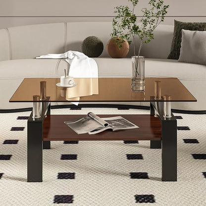 39" Brown Glass Coffee Table Walnut Modern Living Room Center Table Rectangle, with Wooden MDF Storage Layer, Black Metal Leg, for Small Apartment and Office, Brown