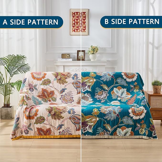 Boho Throw Blanket for Couch,100% Cotton Summer Blanket for Bed, Ultra Soft Rustic Quilt for Bed, Home Decor, Boho Picnic Blankets with Pomegranate for All Seasons 60"x80"