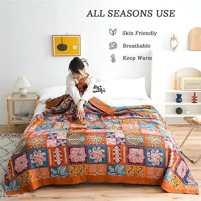 Boho Throw Blanket King Size Christmas Blanket 100% Cotton Blankets for Couch Bed, Cotton Quilts Muslin Bed Blanket 90''x 98'' Cozy Pre-Washed Decor Gift for All Seasons