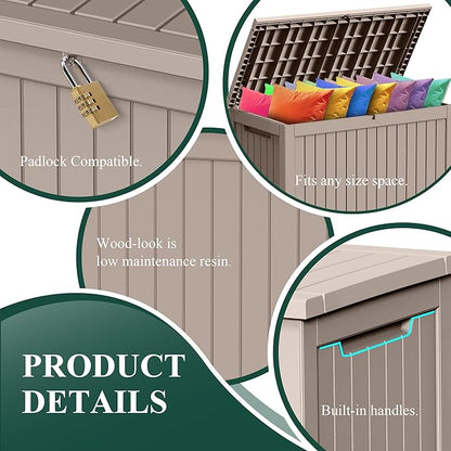 230 Gallon Outside Storage Box, Resin All Weather Storage Cabinet, Large Deck Box for Garden Tools, Patio Furniture, Sports Equipment, Light Brown