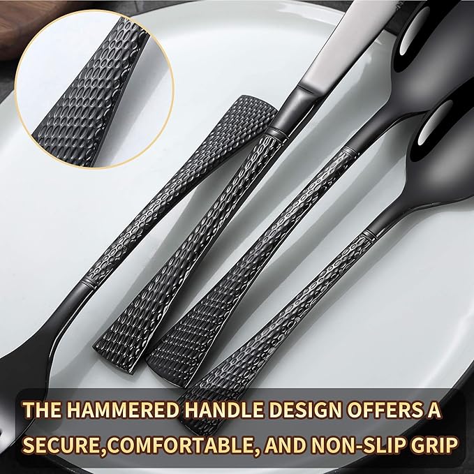 Hammered Black Silverware Set,20 Piece Modern Flatware Set Service for 4,Mirror Polished Stainless Steel Cutlery Set Utensil Set Tableware Set,Kitchen Knives Forks Spoons Set,Dishwasher Safe