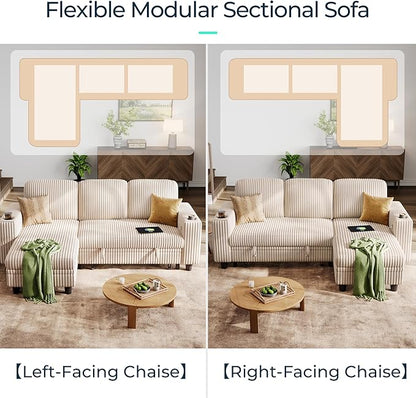 LINSY HOME Sectional Sleeper Sofa with Pull Out Couch Bed - Convertible Plush Corduroy Cloud Couch with Storage Chaise & USB Charging, Comfy L Shaped Modular Couches for Living Room Apartment, Beige