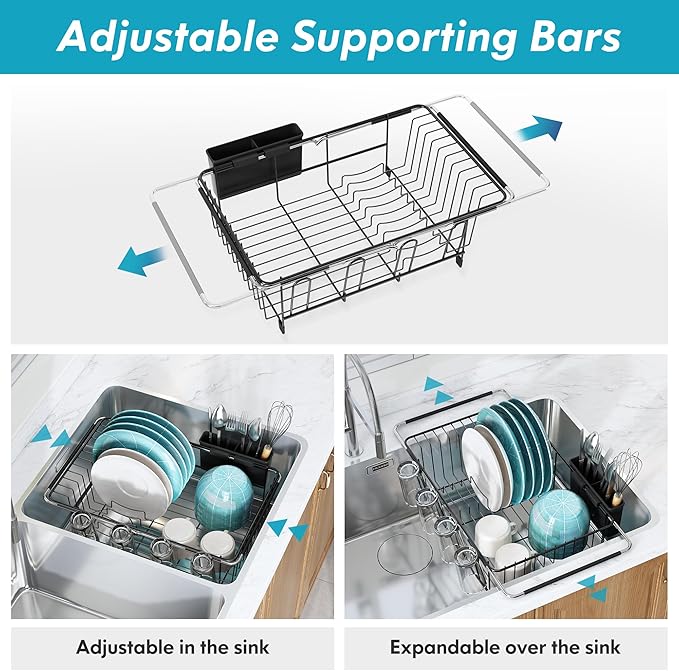 MAJALiS Dish Drying Rack in Sink - Small Dish Drainers for Kitchen Sink, Over The Sink Dish Racks with Utensil Holder, Stainless Steel Dish Rack in Sink, Black