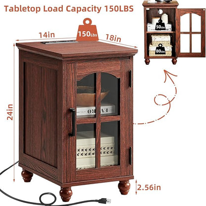 Narrow Side Table Set of 2,Farmhouse Nightstand with Charging Station,End Table with Glass Barn Door Storage, Cabinet Organizer with Adjustable Shelf, Night Stand for Small Spaces Living Room Bedroom