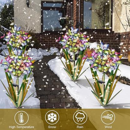 Solar Metal Agave Butterfly Flower Stick Garden Sculpture - Outdoor Gift, Christmas Lights, Swaying Butterfly, Sunflower - Solar Outdoor Statues (3 PCS Light Green)