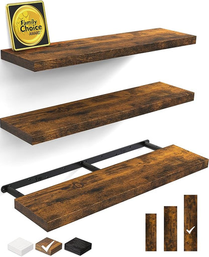 BAYKA Floating Shelves for Wall, 36 inches Wall Mounted Rustic Wood Shelves for Bathroom, Bedroom, Living Room, for Storage/Decor with 30lbs Capacity（Rustic Brown,Set of 3