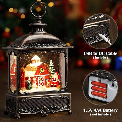 Christmas Snow Globe Lantern Christmas Decorations Gifts Barn Snowman Santa Claus Cardinal Winter Farm Scene Musical Glitter Snowfall USB/Battery Timer 12 inch