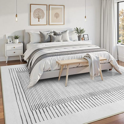 Wonnitar 5x7 Washable Striped Living Room Area Rug, Non-Slip Grey Boho Rugs for Bedroom, Low Pile Soft Minimalist Floor Carpets for Dining Room Home Office (Grey,5' x 7')