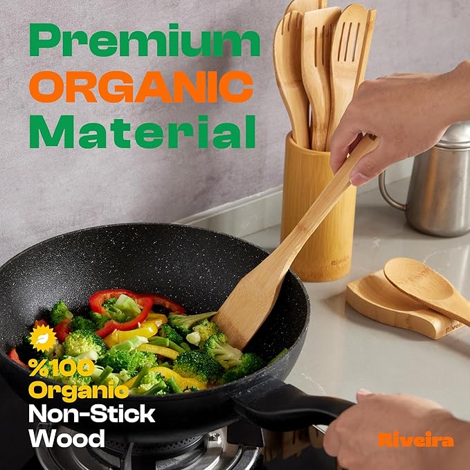 Riveira Bamboo Cooking Spoons 6-Piece – Wooden Cooking Utensils Set with Wooden Spoons for Cooking & Spatulas Wooden Utensil Sets – Premium Kitchen Utensils Set – Durable First Apartment Essentials