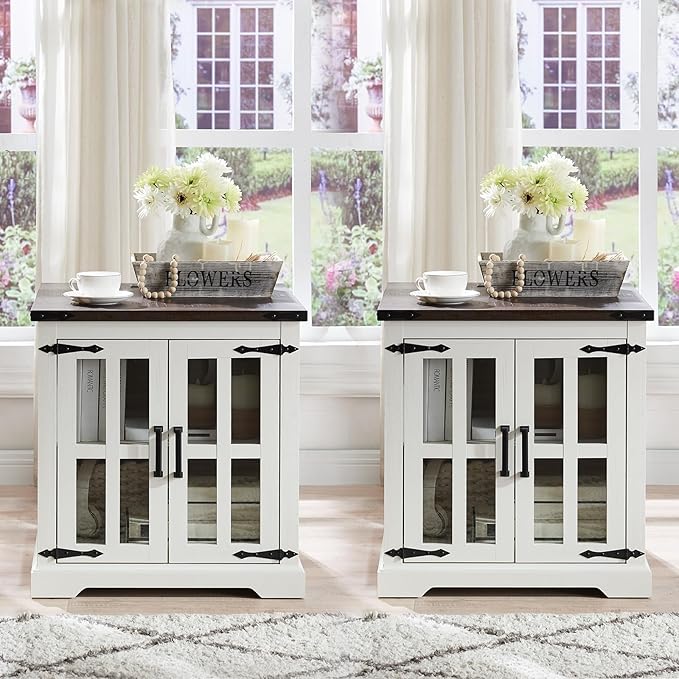 Farmhouse End Table with Charging Station,24" Large Side Table with Glass Barn Door, Rustic Wood Nightstand Bedside Table with Adjustable Storage Shelf for Living Room, Bedroom,White,2 Pack