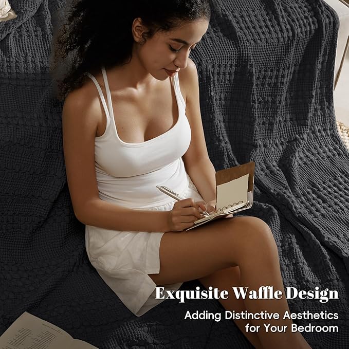 PHF 100% Cotton Waffle Weave Blanket King Size, Soft Lightweight Breathable Cozy Summer Blankets for Bed, Luxury Aesthetic Woven Bedding for Home Decor, 108"x90", Black
