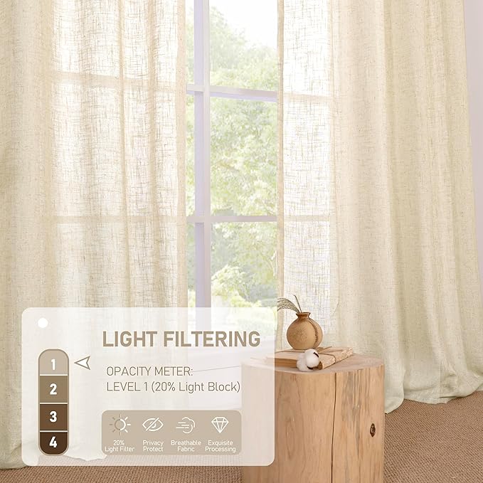 LAMIT Short Linen Window Curtains 30 Inches Long 2 Panels, Beige Semi Sheer Light Filtering Panels Bronze Grommet Neutral Drapes for Basement/Small Windows, 34 x 30 Inch