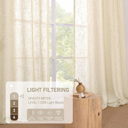 LAMIT Short Linen Window Curtains 30 Inches Long 2 Panels, Beige Semi Sheer Light Filtering Panels Bronze Grommet Neutral Drapes for Basement/Small Windows, 34 x 30 Inch