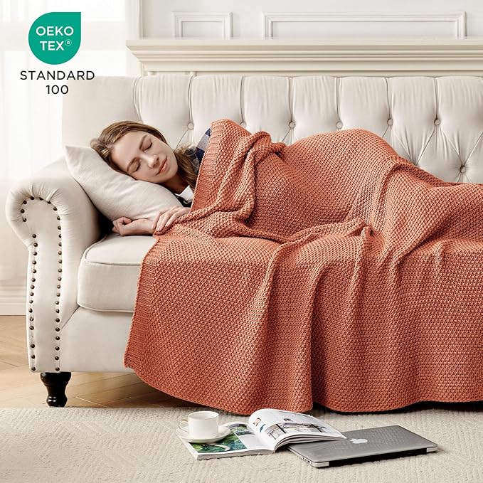 Joydeco Chunky Cable Knit Throw Blanket, Lightweight 100% Cotton Soft Cozy Throw Twin Blanket for Couch Bed and Sofa, Rustic Breathable Farmhouse Blanket Gift for Women Men(Burnt Orange, 60"x80")