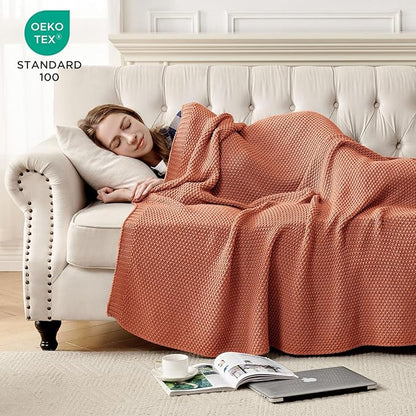 Joydeco Chunky Cable Knit Throw Blanket, Lightweight 100% Cotton Soft Cozy Throw Twin Blanket for Couch Bed and Sofa, Rustic Breathable Farmhouse Blanket Gift for Women Men(Burnt Orange, 60"x80")