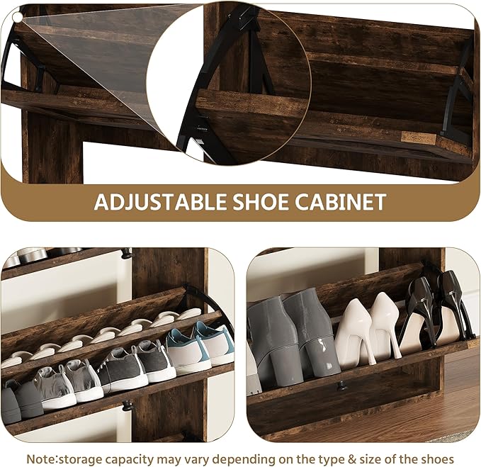 Shoe Cabinet with 3 Flip Drawers, Narrow Shoe Cabinet with 9 Hooks Coat Rack, Freestanding Shoes Storage Cabinets with Adjustable Shelves for Entryway, Hallway, Living Room, Rustic Brown