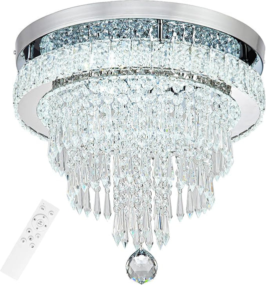 16“ Crystal Chandeliers Round Modern LED Chandelier Light Flush Mount Ceiling Light Fixtures with Remote Control for Bedroom Living Room Dining Room (dimmable)