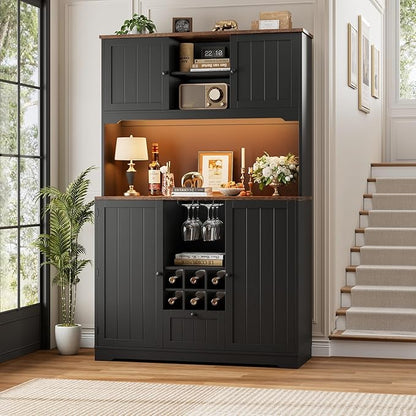 FINETONES 71" Pantry Cabinet with LED Light and Charging Station, Kitchen Pantry Cabinet with Microwave Stand, Kitchen Hutch Food Storage Cabinet with Outlet and Wine Racks, Black