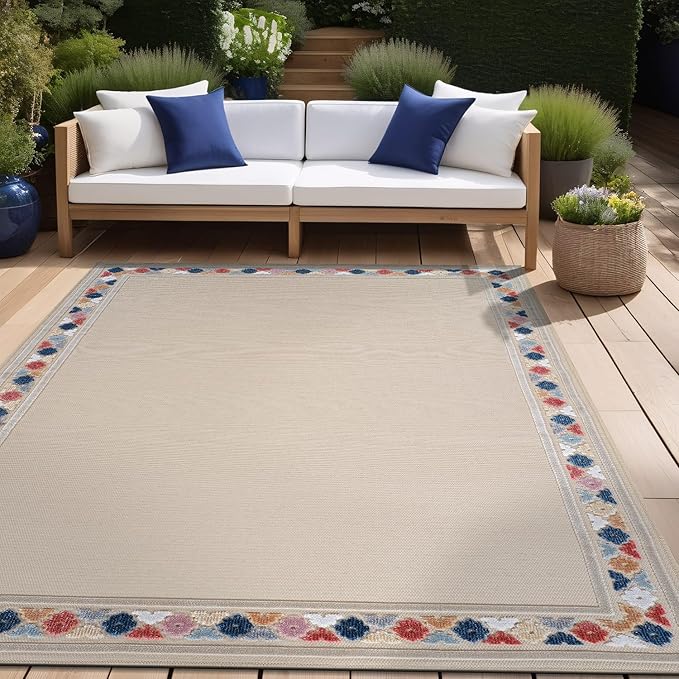Beverly Rug Outdoor Rug 10x14 Modern Bordered Large Area Rugs for Indoor and Outdoor Patio Easy to Clean Non Shedding Living Room Porch Garden Washable Outside Carpet (10 x 14 Beige)
