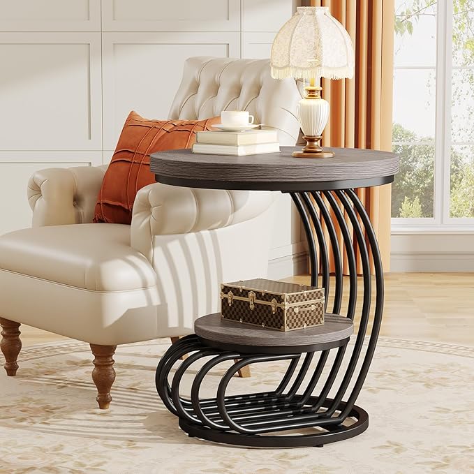 Tribesigns Round End Table: 2 Tiers Wood Side Table with Storage Shelf, Rustic Gray Bedside Nightstand, Metal Arc-Shaped Frame Accent Table for Living Room, Bedroom