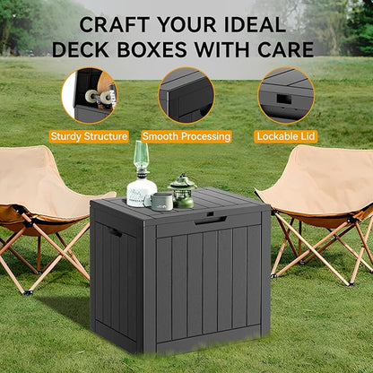 KAMABOKO Deck Box, 32 Gallon Resin Indoor and Outdoor Storage Boxes Waterproof for Garden Tools, Pool Accessories Storage Bench, Patio Furniture and Cushions with Lockable Lid, Grey