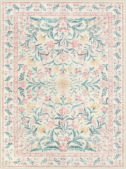 Wonnitar Floral Large Rugs for Living Room, Soft Light Pink Rug Washable 9x12 Carpet Non Slip, Boho Foldable Non-Shedding Kids Carpet for Bedroom Girls Nursery Dorm Playroom