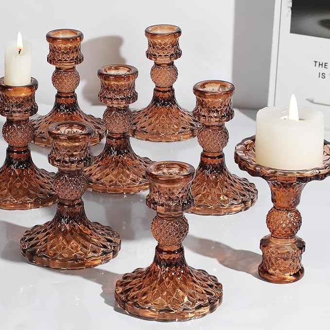 12Pcs Amber Candlestick Holders Set- 4" H Taper Candle Holders Bulk, Glass Candle Holders for Wedding, Party, Fall Dinner Table Centerpieces, Festival Gifts & Windowsill Decor