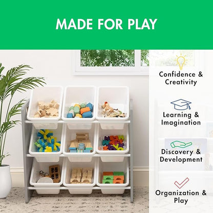 Humble Crew 9-Bin Toy Organizer – Inspire Grey with White Plastic Bins, 3-Tier Storage Solution for Kids' Playrooms and Nurseries