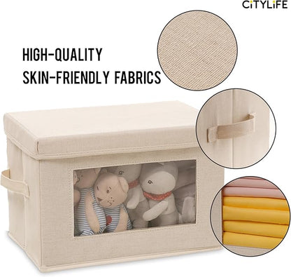 Citylife 3 Pack Storage Bins with Lids, Fabric Foldable Storage Bins with Soft Cord Handles, Canvas Storage Bin with Lid for Organizing Clothes, Blankets and Books, Beige