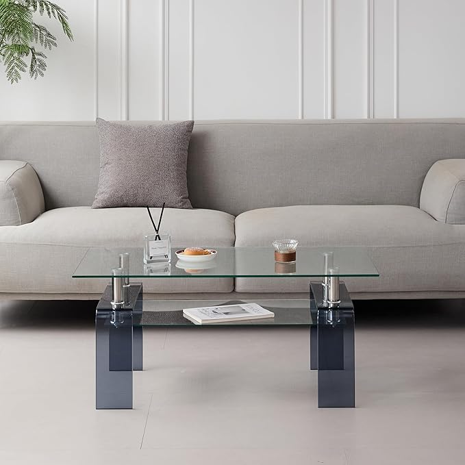 Glass Coffee Table Rectangle Living Room Center Table with Storage, Clear Tempered Glass Tabletop and Smoke Grey Leg,for Living Room and Office (Clear+Smoke)