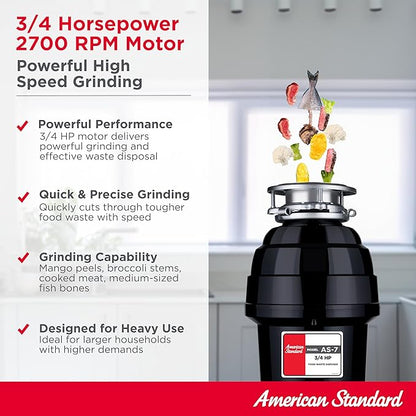 American Standard 10-US-AS-7 Garbage Disposal Anti-Jam Stainless Steel Food Waste Grinding System, Heavy Duty, 3/4 HP, Black