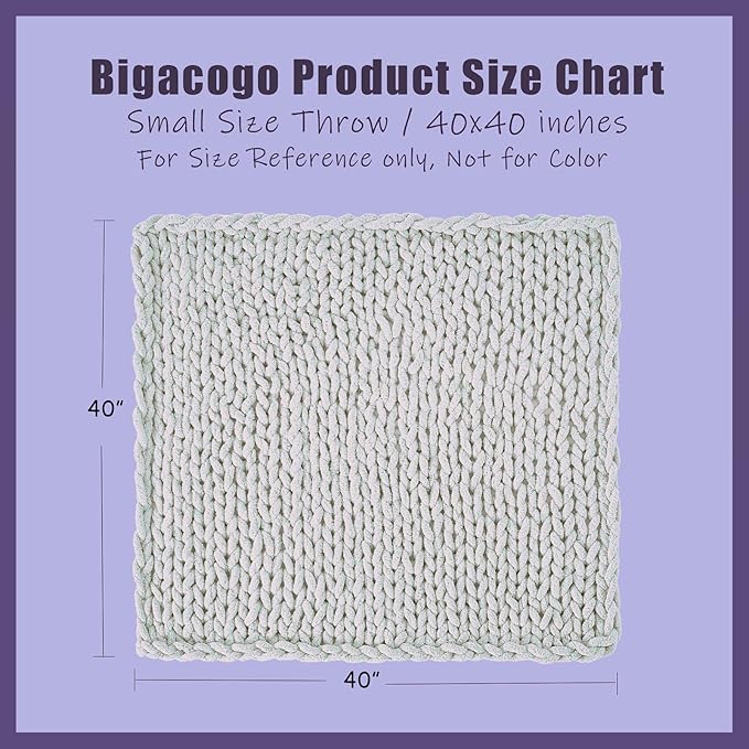 Bigacogo Chunky Knit Throw Blanket for Couch, 40x40 inches, 100% Hand Knitted with Thick Jumbo Chenille Yarn, Cozy Soft Large Rope Knot Cable Crochet Blankets for Sofa Bed Living Room, Ivory