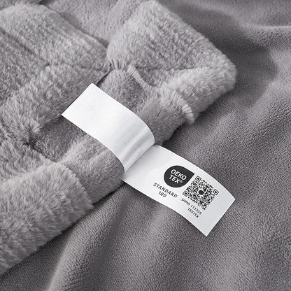 Cozy Bliss Checkered White Faux Rabbit Fur Throw Blanket, Soft Fuzzy Fluffy Minky Cream Furry Blankets for Couch, Bed (Grey, Queen(90" x 90"))