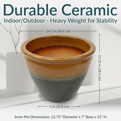 Sunnydaze Chalet Large Ceramic Plant Pot - Round Outdoor Glazed Ceramic Planter Pot with Drainage - Forest Lake Green - 14.5"