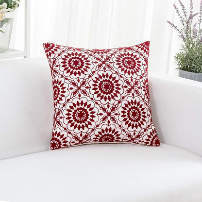 HWY 50 Red Decorative Throw Pillow Covers 18x18 Inch, Pack of 2 Embroidered Cotton Farmhouse Cushion Cover Pillow Case for Sofa Couch Living Room Bed Bedroon, Little Sunflower Design