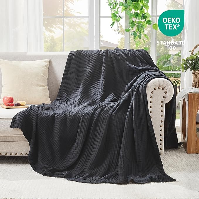 EMME Cotton Muslin Large Throw Blanket Couch Breathable Gauze Blanket Soft Lightweight Bed Blankets Adults (Black, 50"x70")