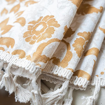 Sutuo Home Boho Curtains 63 Inches Length for Bedroom Living Room, Printed Moroccan Cotton Linen Rod Pocket Rustic Farmhouse Bohemian Tassels Window Treatment, 1 Panel 59" W x 63" L, Brown Damask