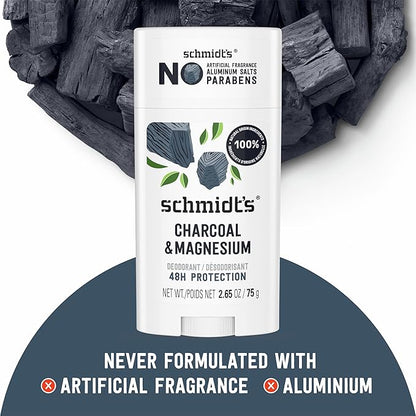 Schmidt's Aluminum-Free Vegan Deodorant Charcoal & Magnesium with 24 Hour Odor Protection, for Women and Men, Natural Ingredients, Cruelty-Free, 2.65 oz