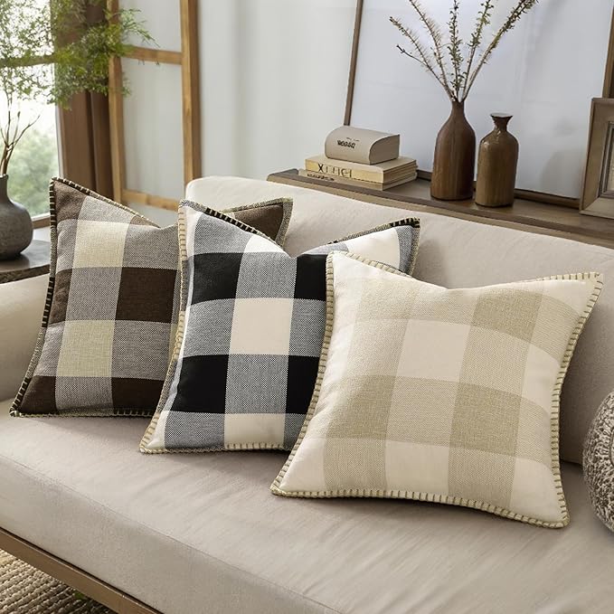 decorUhome Buffalo Plaid Check Throw Pillow Covers 12x20 Set of 2, Outdoor Lumbar Decorative Farmhouse Neutral Pillow Covers with Stitched Edge for Bed Couch Sofa, Brown and Beige